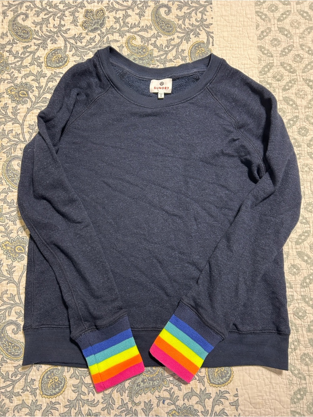 Sundry Navy Crewneck Sweater with Rainbow Stripe Cuffs